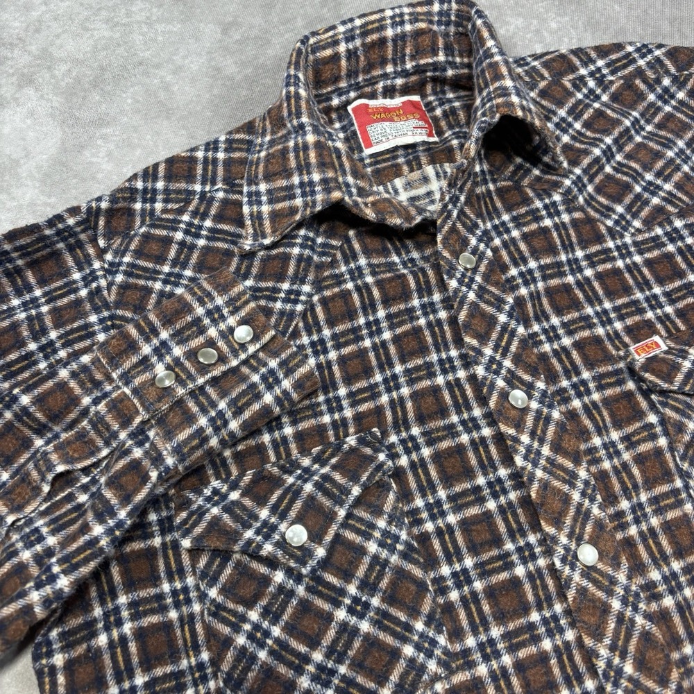 Ely Wagon Boss VTG Flannel Shirt Mens M Brown Blue Plaid Pearl Snap Western EUC